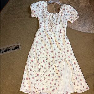 Floral Puff-Sleeve Midi Dress in Cream with Pink Roses